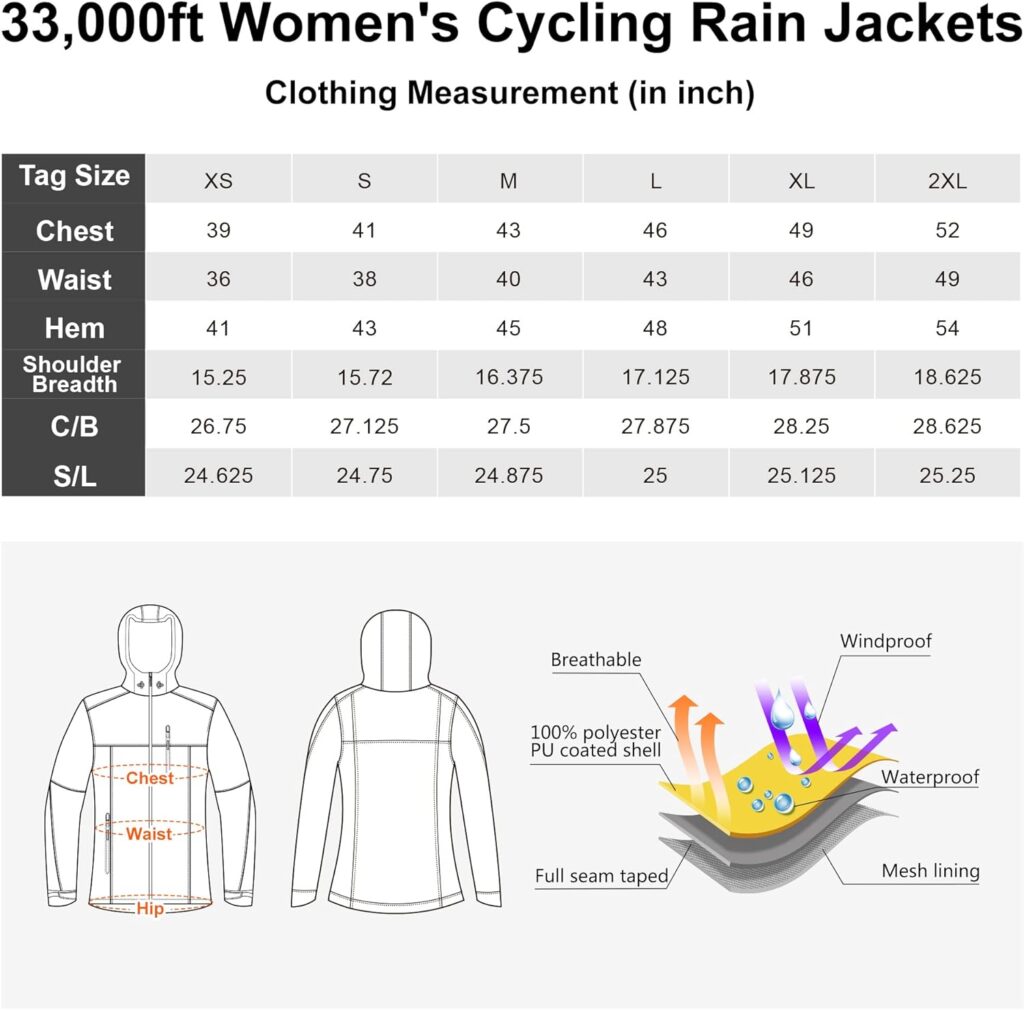 33,000ft Packable Rain Jacket Women Lightweight Waterproof Raincoat with Hood Cycling Bike Jacket Windbreaker