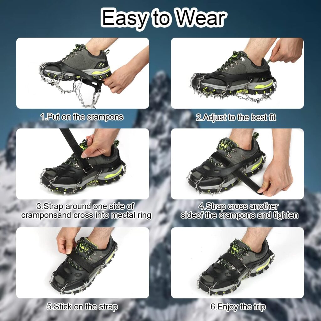 Crampons Ice Cleats 19 Spikes Snow Grips for Hiking Boots Shoes Women Men Boy Girl, Anti Slip Stainless Steel Safe Protect for Fishing Walking Climbing Mountaineering