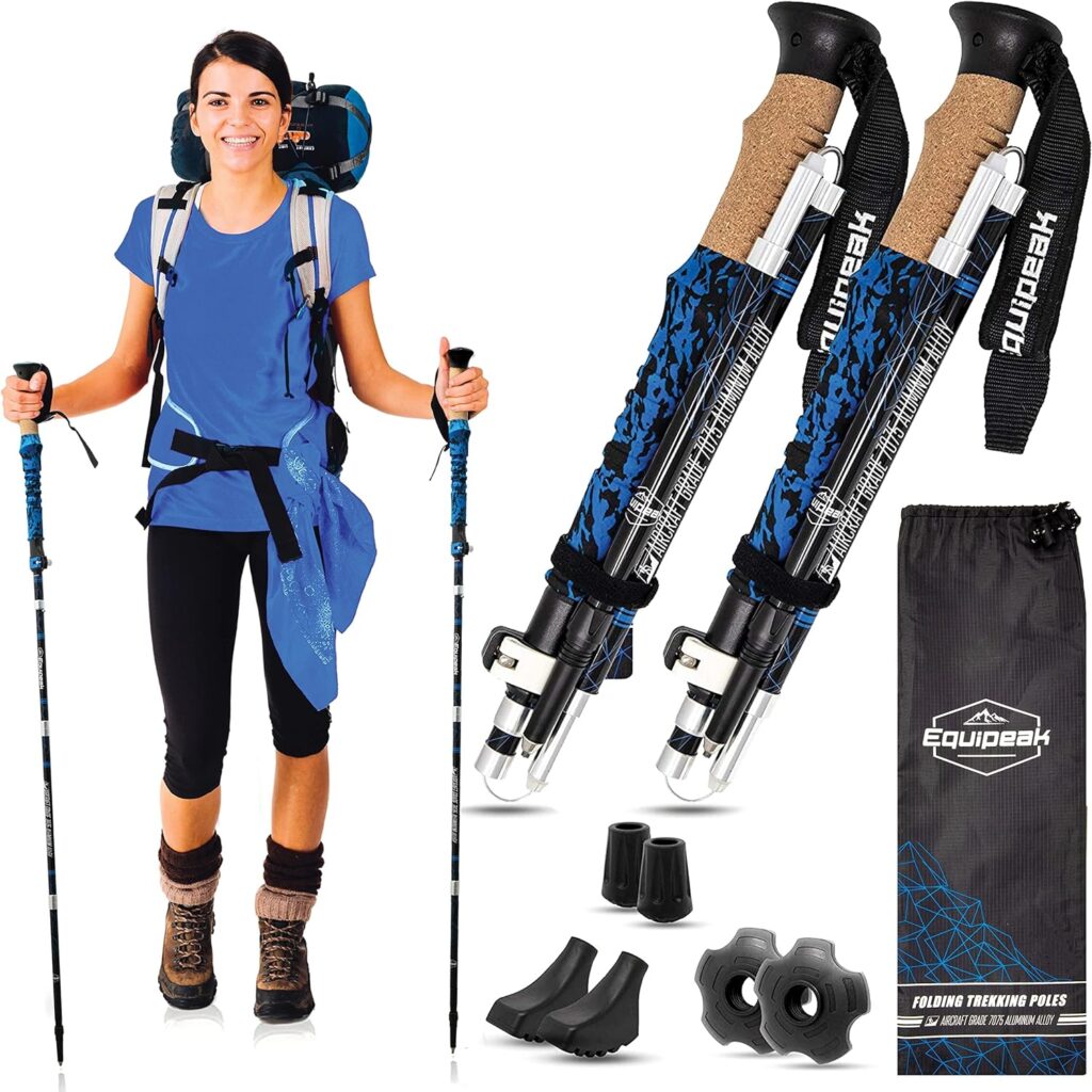 Equipeak Folding Trekking Poles, 2 Lightweight Durable Aluminum Hiking Sticks, Compact for Travel, Seniors, Men, Women with Real Cork  EVA Grip, Strong Metal Lock, Tips  Bag