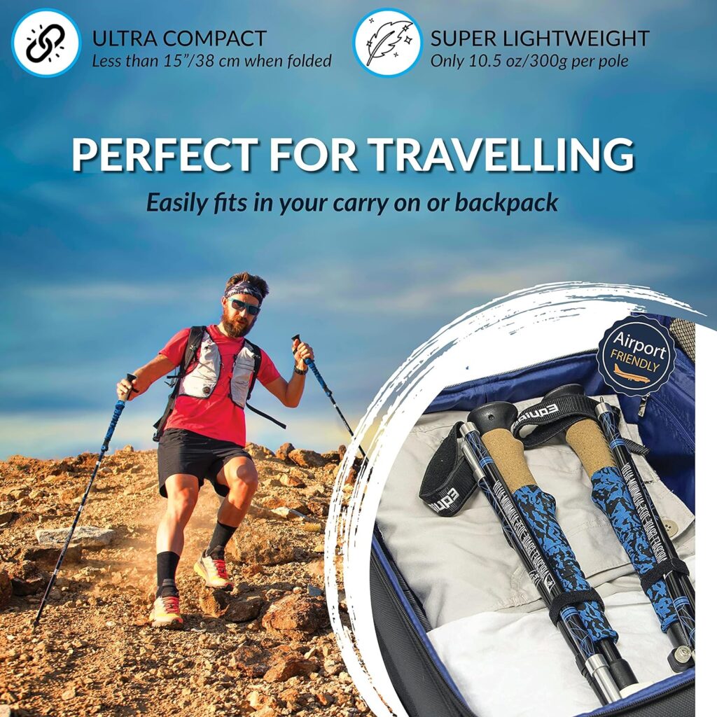 Equipeak Folding Trekking Poles, 2 Lightweight Durable Aluminum Hiking Sticks, Compact for Travel, Seniors, Men, Women with Real Cork  EVA Grip, Strong Metal Lock, Tips  Bag