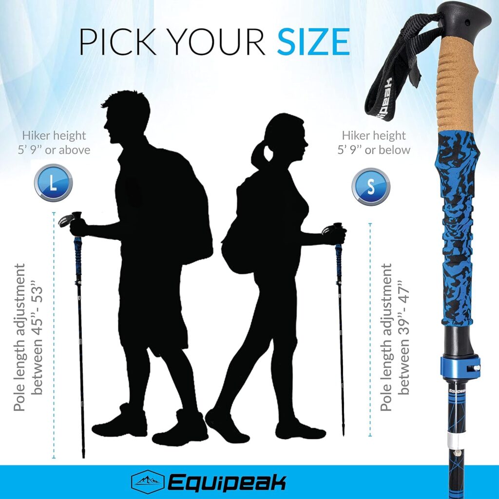 Equipeak Folding Trekking Poles, 2 Lightweight Durable Aluminum Hiking Sticks, Compact for Travel, Seniors, Men, Women with Real Cork  EVA Grip, Strong Metal Lock, Tips  Bag