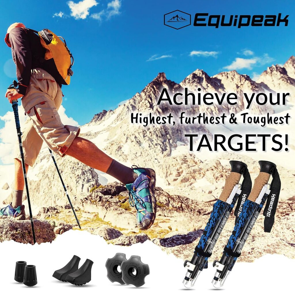 Equipeak Folding Trekking Poles, 2 Lightweight Durable Aluminum Hiking Sticks, Compact for Travel, Seniors, Men, Women with Real Cork  EVA Grip, Strong Metal Lock, Tips  Bag