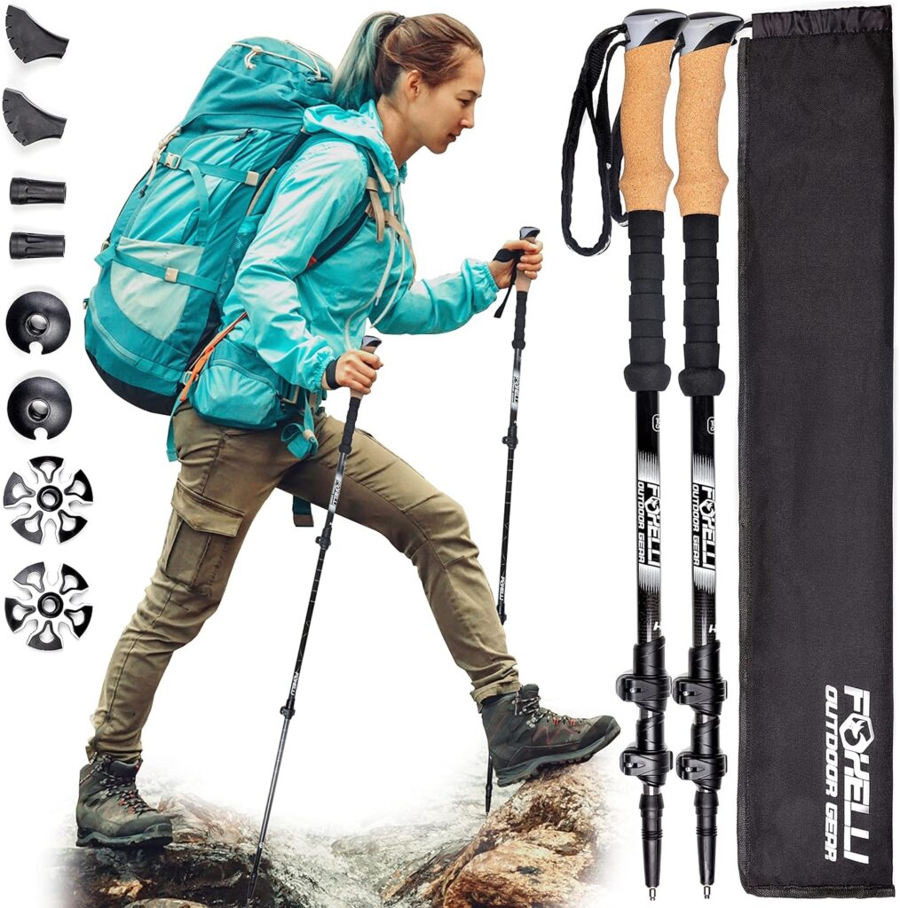 Foxelli Carbon Fiber Trekking Poles – Lightweight Collapsible Hiking Poles, Shock-Absorbent Walking Sticks with Natural Cork Grips, Flip Locks, 4 Season/All Terrain Accessories and Carry Bag