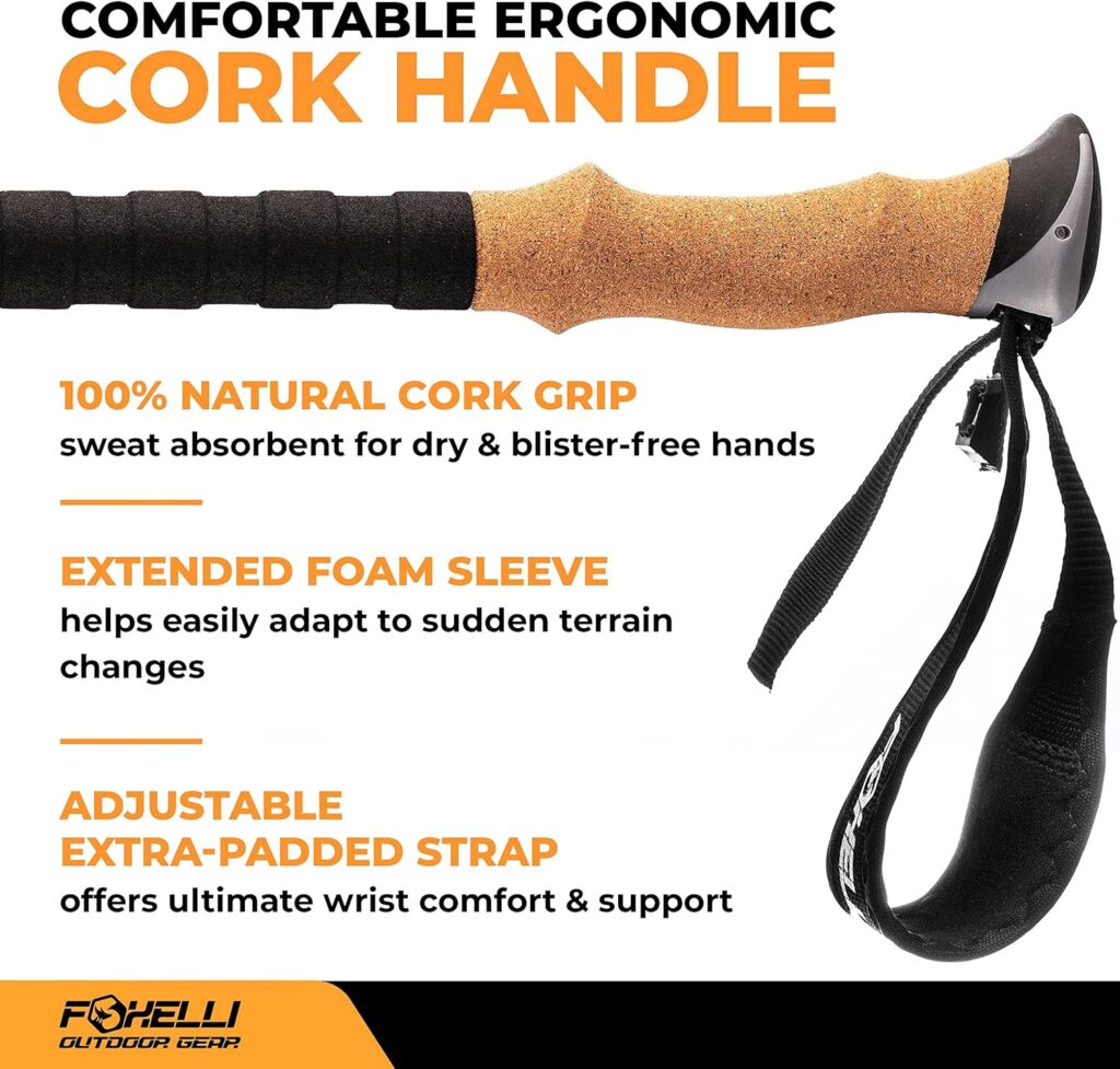 Foxelli Carbon Fiber Trekking Poles – Lightweight Collapsible Hiking Poles, Shock-Absorbent Walking Sticks with Natural Cork Grips, Flip Locks, 4 Season/All Terrain Accessories and Carry Bag