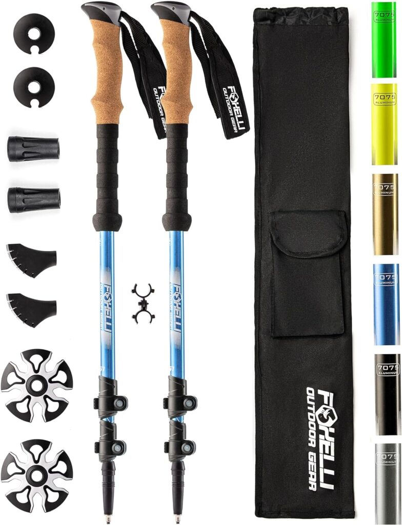 Foxelli Trekking Poles – 2-pc Pack Collapsible Lightweight Hiking Poles, Strong Aircraft Aluminum Adjustable Walking Sticks with Natural Cork Grips and 4 Season All Terrain Accessories