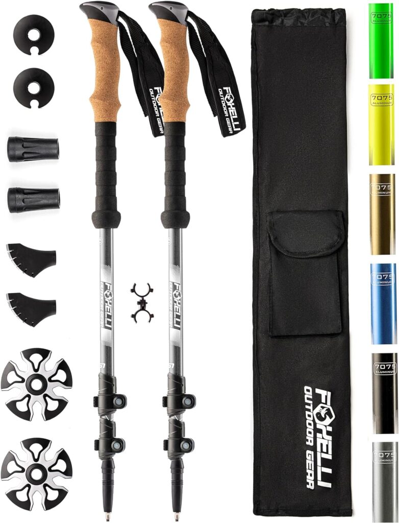 Foxelli Trekking Poles – 2-pc Pack Collapsible Lightweight Hiking Poles, Strong Aircraft Aluminum Adjustable Walking Sticks with Natural Cork Grips and 4 Season All Terrain Accessories