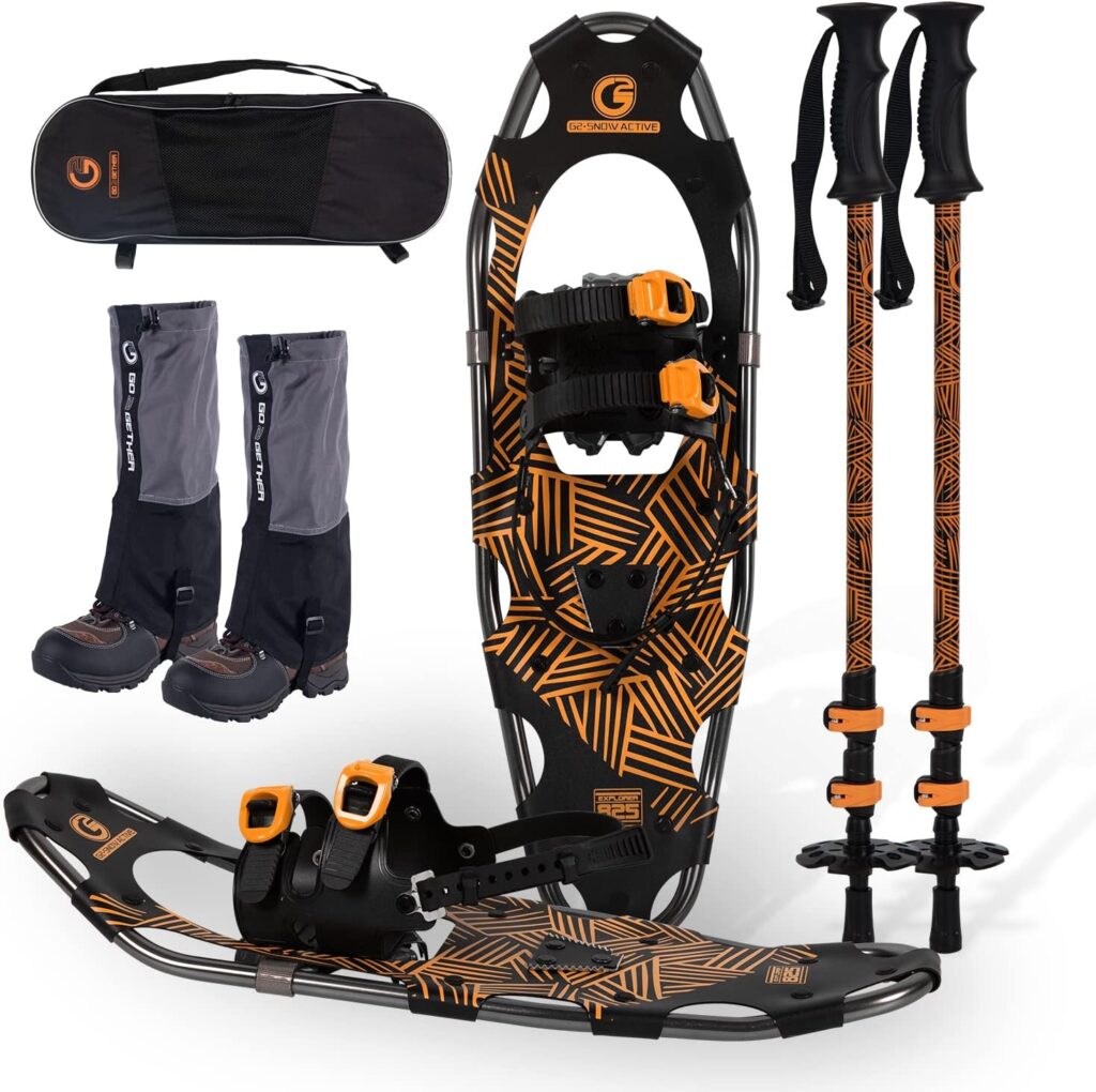 G2 21/25/30 Inches Light Weight Snowshoes for Women Men Youth, Set with Trekking Poles, Tote Bag, Gaiters,Special Fast Ratchet Binding, Orang/Blue/Red Available