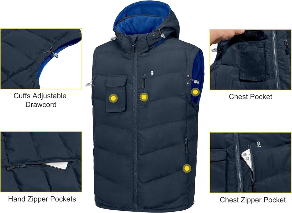 Little Donkey Andy Mens Reversible Fleece Puffy Vest Warm Sleeveless Puffer Jacket with Removable Hood for Golfing Hiking