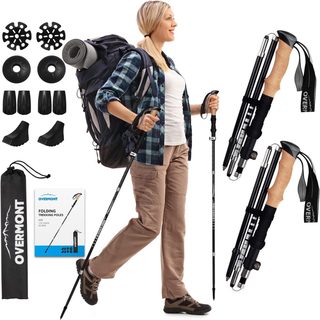 Overmont Carbon Fiber Trekking Poles - Lightweight Folding Hiking Poles Shock Absorbent Walking Sticks Set of 2 All Terrain Accessories and Carry Bag