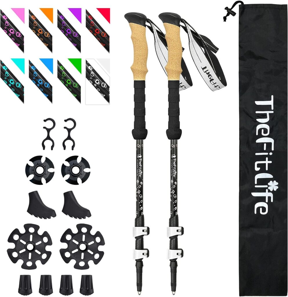 TheFitLife Carbon Fiber Trekking Poles – Collapsible and Telescopic Walking Sticks with Natural Cork Handle and Extended EVA Grips, Ultralight Nordic Hiking Poles for Backpacking Camping