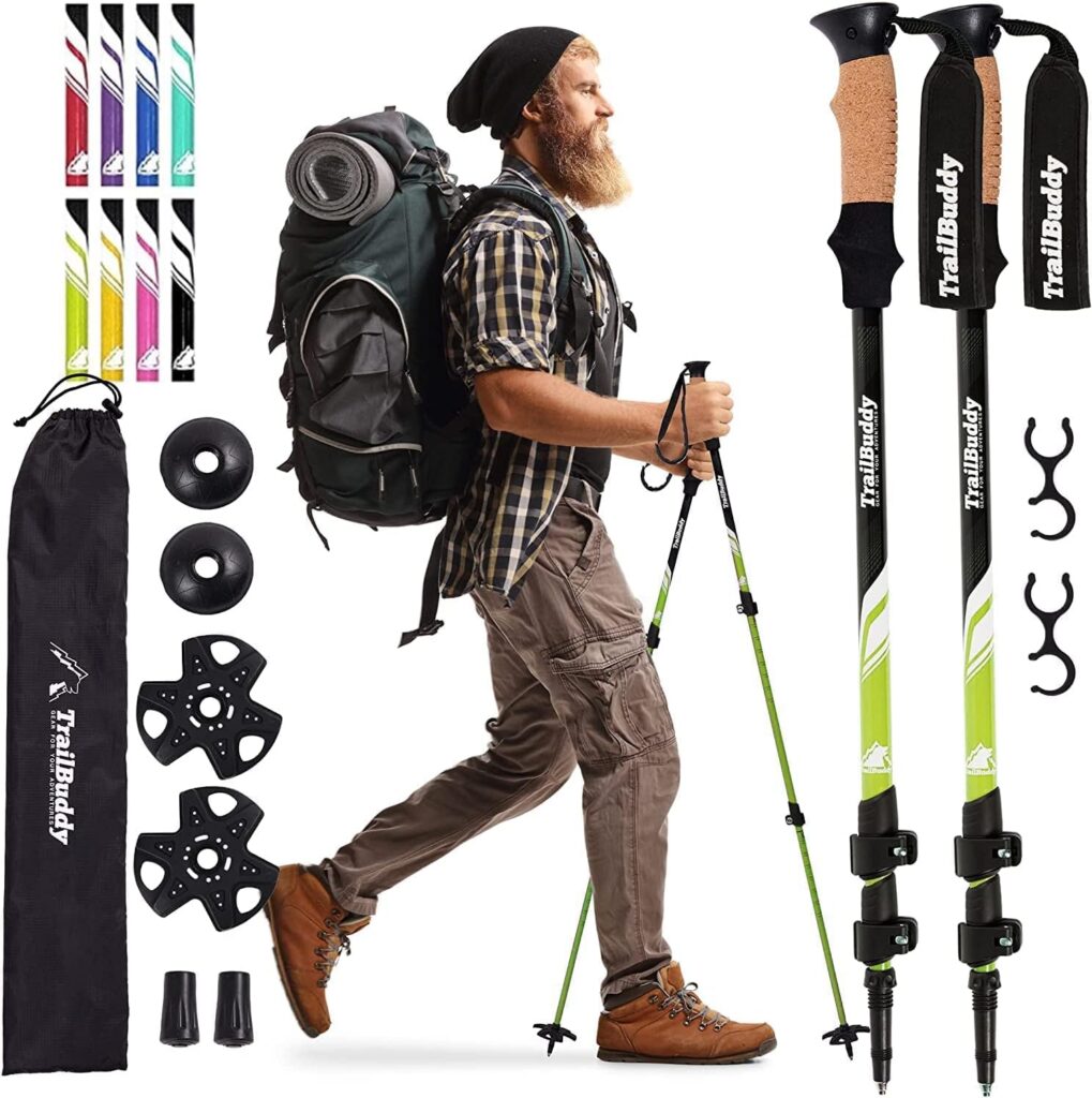 TrailBuddy Trekking Poles - Lightweight, Collapsible Hiking Poles for Backpacking Gear - Pair of 2 Walking Sticks for Hiking, 7075 Aluminum with Cork Grip